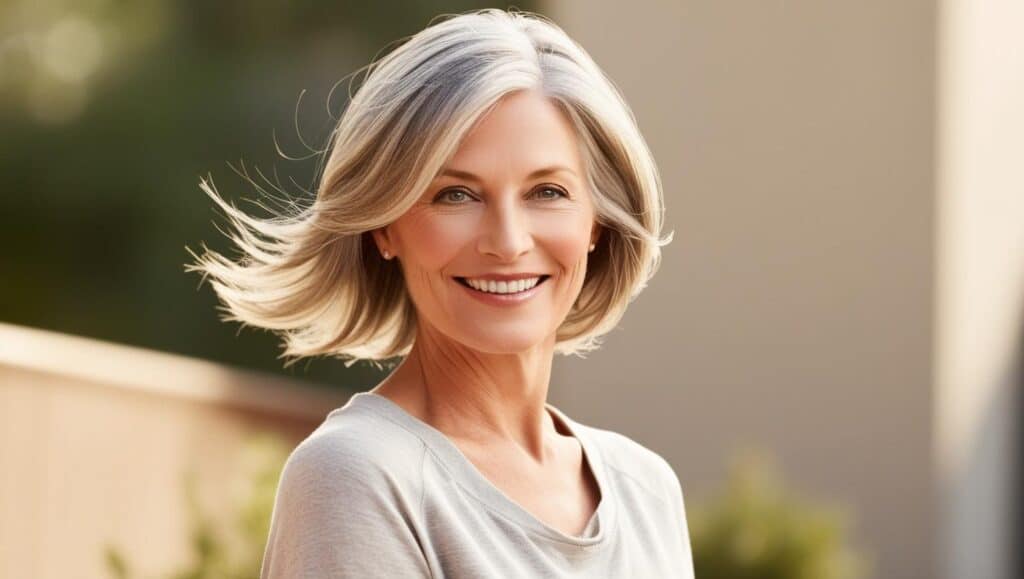 A 60-year-old woman with fine blonde-gray hair in a soft layered bob, gentle movement, professional styling, natural makeup, confident expression. Summer time.