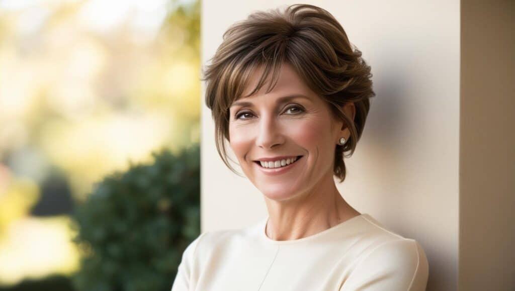 A 61-year-old woman with fine salt-and-pepper hair in a soft shag cut, tousled styling, minimal makeup, warm smile