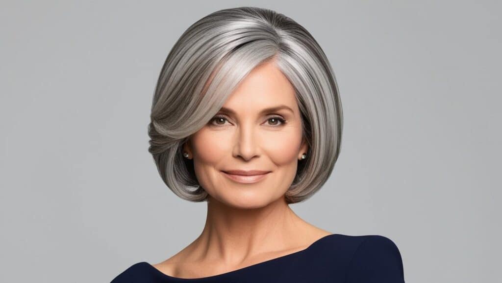 A 65-year-old woman with thick silver hair in a stacked bob with graduated back and longer front, polished styling, natural makeup, confident expression.