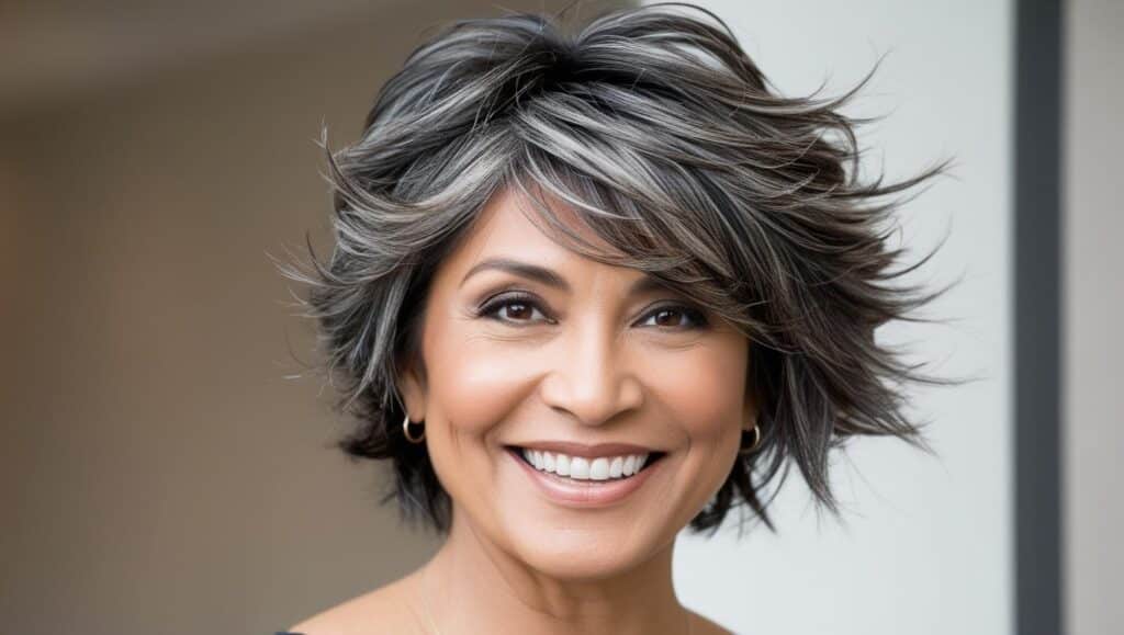 A 62-year-old woman with thick salt-and-pepper hair in a textured shag cut with layers, tousled styling, natural makeup, joyful expression