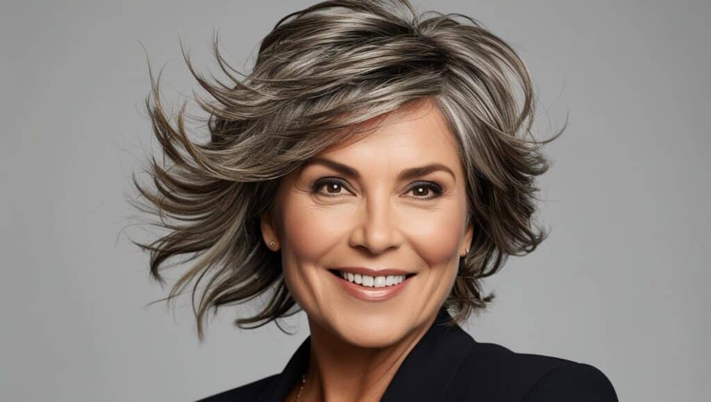 Confident woman over 50 with thick hair in a textured shag cut, tousled style, salt and pepper color