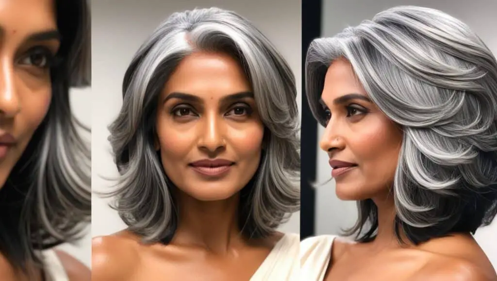 Trendy woman over 50 with wavy hair in a layered bob, voluminous waves, silver-gray color