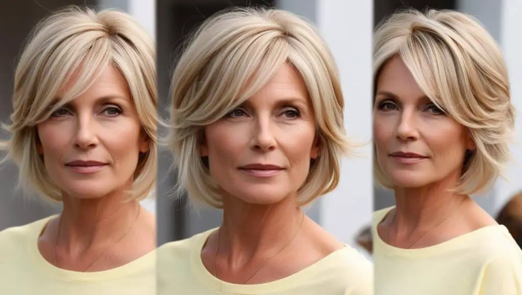 A 63-year-old woman with fine blonde hair in a wavy layered bob, soft movement, natural styling, minimal makeup, casual appearance, light yellow top, outside.