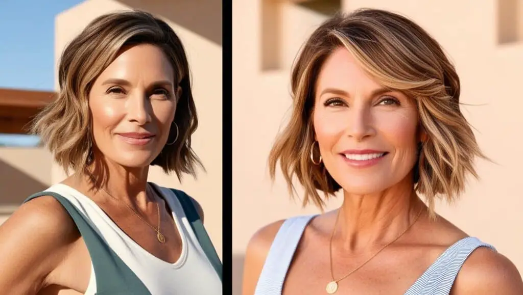 A 63-year-old woman with thick wavy silver-gray hair in a bob with side part, loose waves, natural styling, minimal makeup, casual appearance. Summer outside.