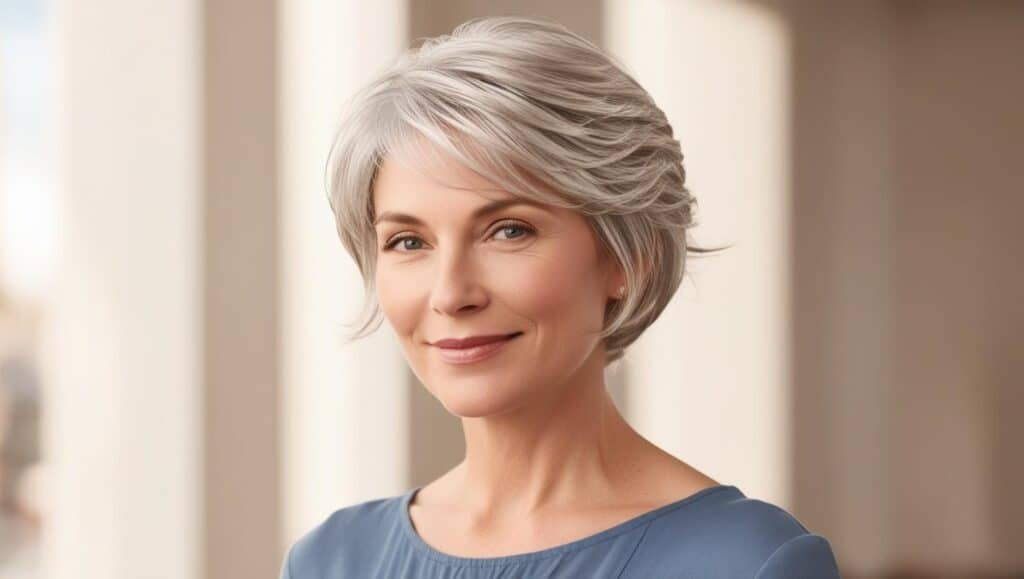 Mature woman with fine hair in a wispy layered bob, styled with subtle texture, silver-blonde color. Best Medium-Length Hairstyles for Women Over 50.