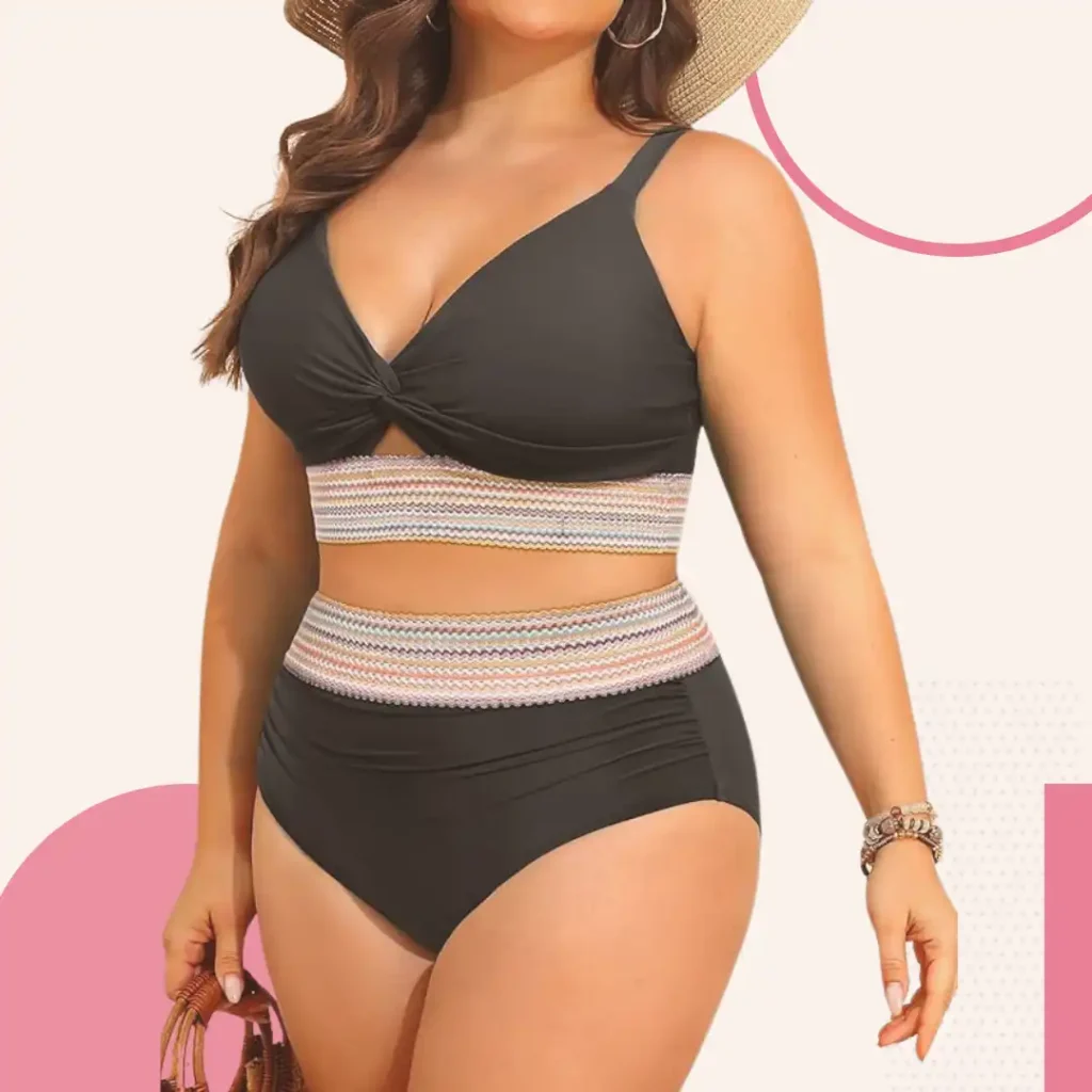 Curvy woman in Daci tankini top and high-waisted swim shorts showing full coverage for large belly and thighs
