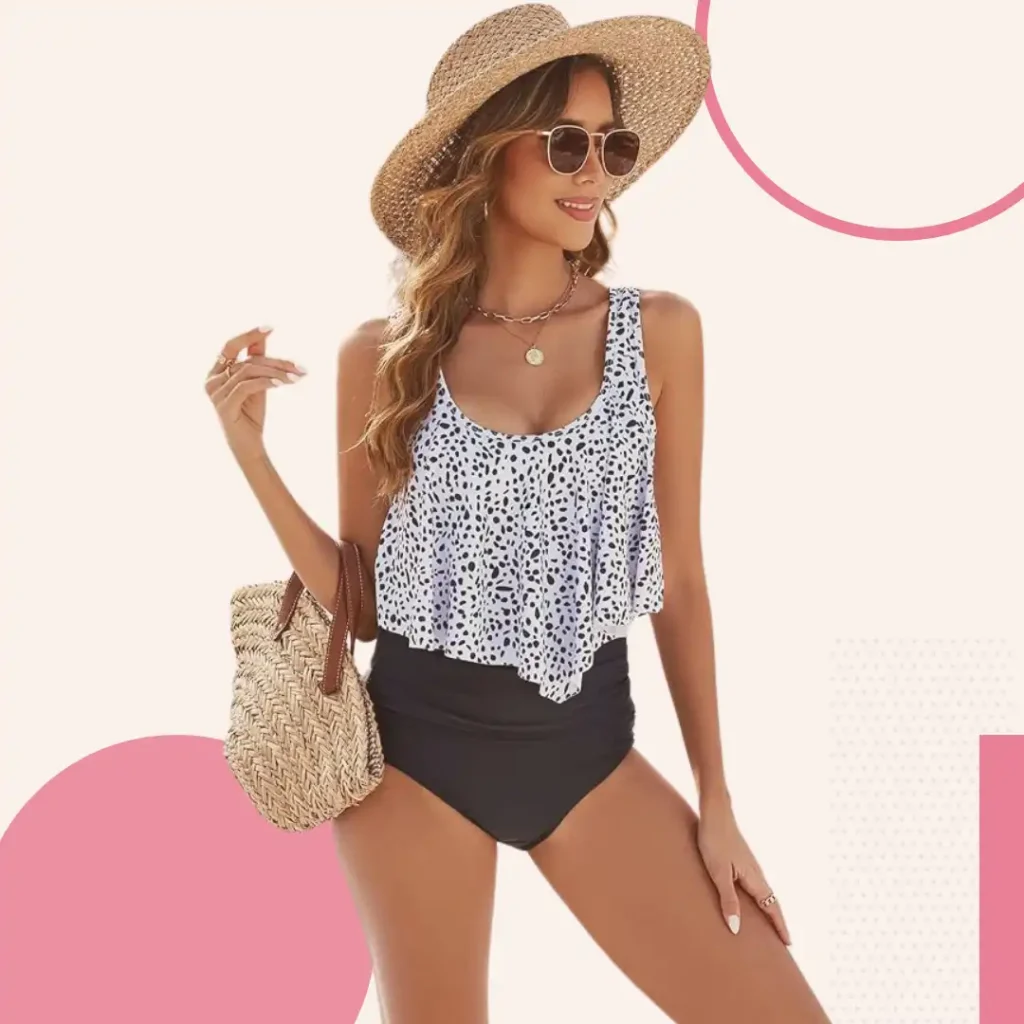 Edelqual ruffled tankini with peplum design and high-waisted bottom providing full coverage for large belly