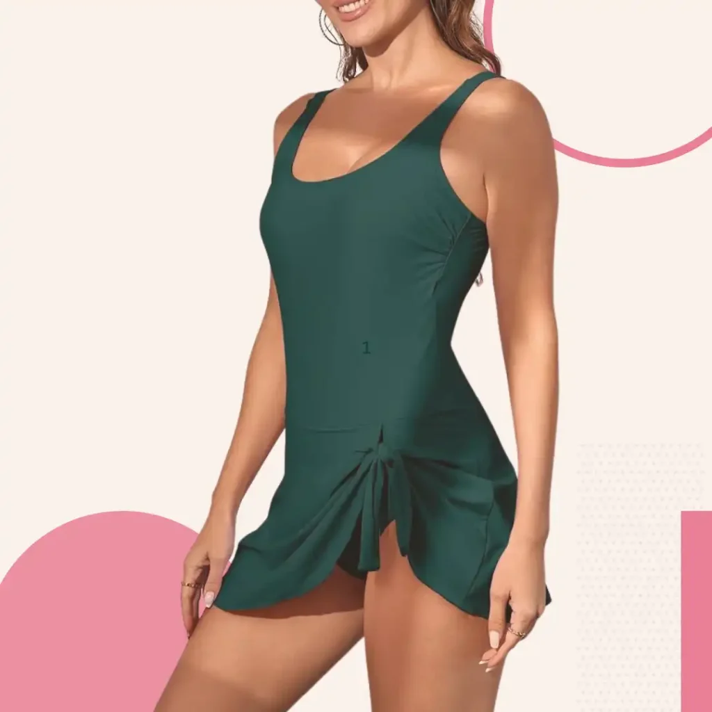 Plus size model wearing Woman Within tie-front swim dress with empire waist and built-in tummy control