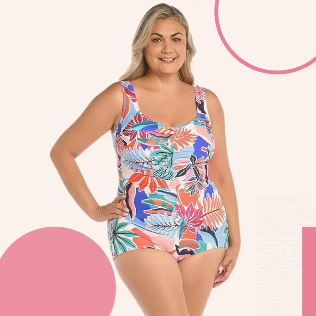 Maxine of Hollywood V-neck swimsuit with vertical shirring showing slimming effect on plus size figure