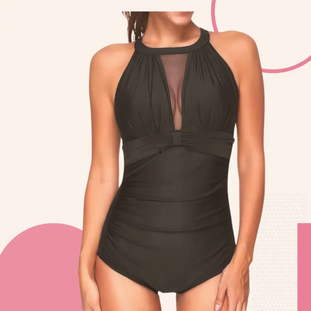 Plus size model in Tempt Me high neck one-piece swimsuit with ruched tummy control panel and mesh detail