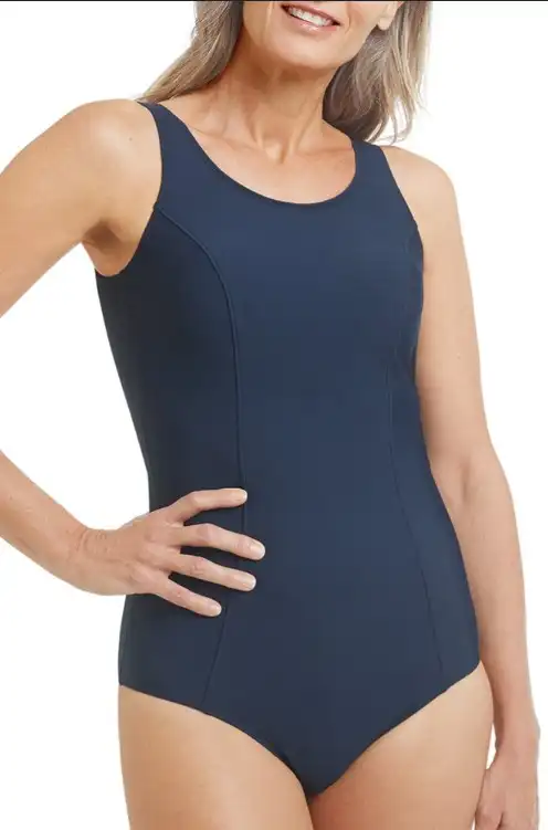 Model wearing Amoena Rhodes One Piece Bathing suit