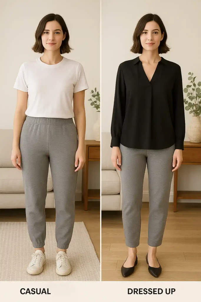 Best Sweatpants for Women Over 50: Comfort Meets Style in 2025 7 breathable sweatpants for women. A lifestyle image showing the pants styled both casually (with sneakers and a t-shirt) and dressed up (with a blouse and flats), demonstrating their versatility
