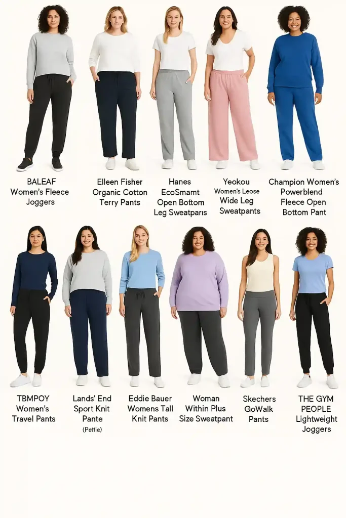 Best Sweatpants for Women Over 50: Comfort Meets Style in 2025 3 A styled product grid showing each of the 11 sweatpants being worn by women of different body types, with clear product labels