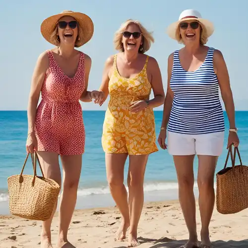 11 Best Swimsuits with Built-in Support for Women Over 50 with Drooping Bust (2025) 2 Ladies enjoy fun day at beach.