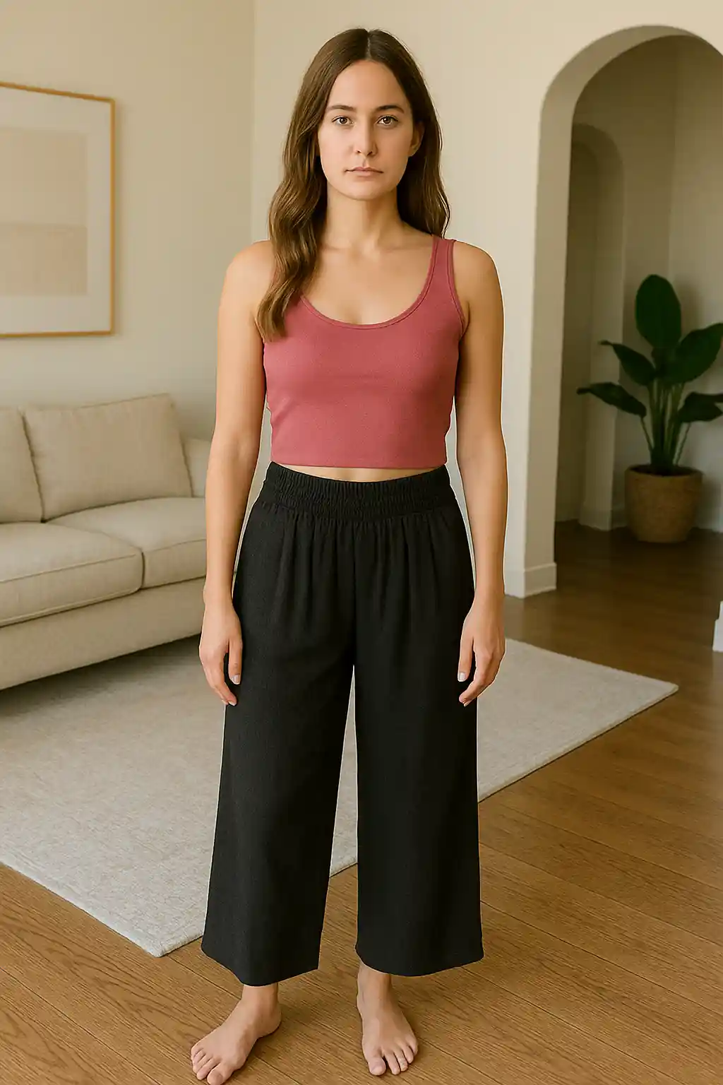 palazzo pants with pockets Palazzo pants with pockets. A young woman with long brown hair stands barefoot in a modern living room. She wears a dusty rose crop top and black wide-leg pants. Her arms rest naturally at her sides, and the setting includes a beige sofa, a neutral rug, wooden flooring, and a potted plant in the background.
