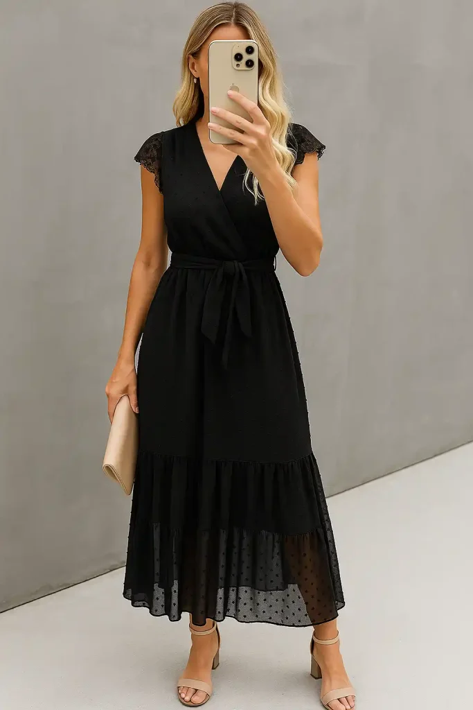 Best Summer Wedding Guest Dresses for Women Over 50: Elegant, Comfortable Options for 2025 2 stylish bridal guest dresses for women. Woman taking a mirror selfie wearing a black midi wrap dress with lace cap sleeves, a tie waist, and sheer polka dot hem, paired with nude heeled sandals and a beige clutch.