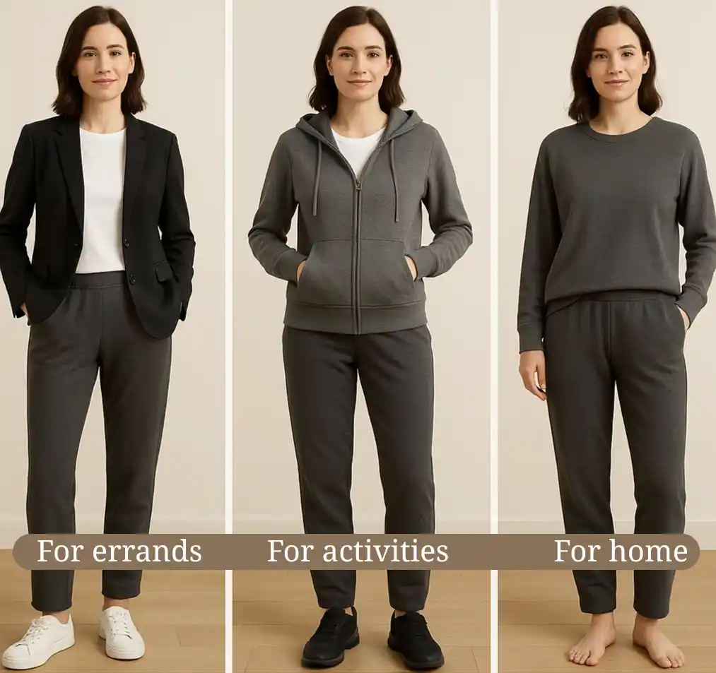 Best Sweatpants for Women Over 50: Comfort Meets Style in 2025 18 sweatpants for older women. A triptych showing the same woman in the same sweatpants styled three different ways - for errands with a blazer, for activity with appropriate layers, and for home with coordinating pieces