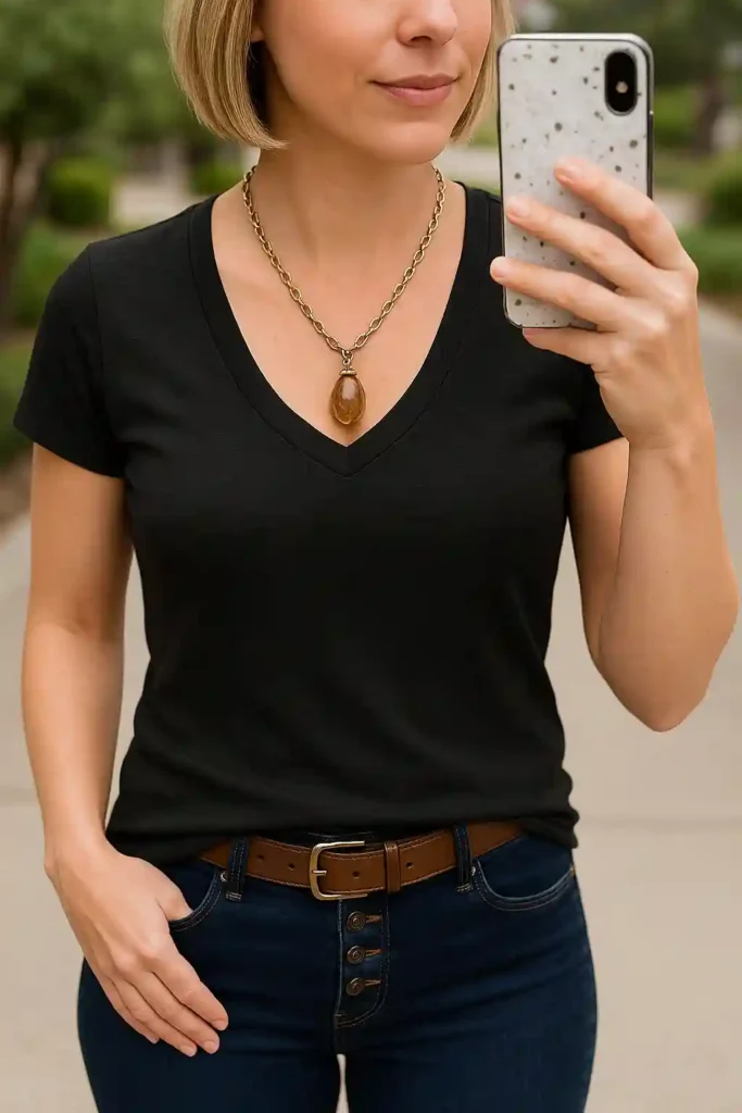woman black t shirt deep v neck