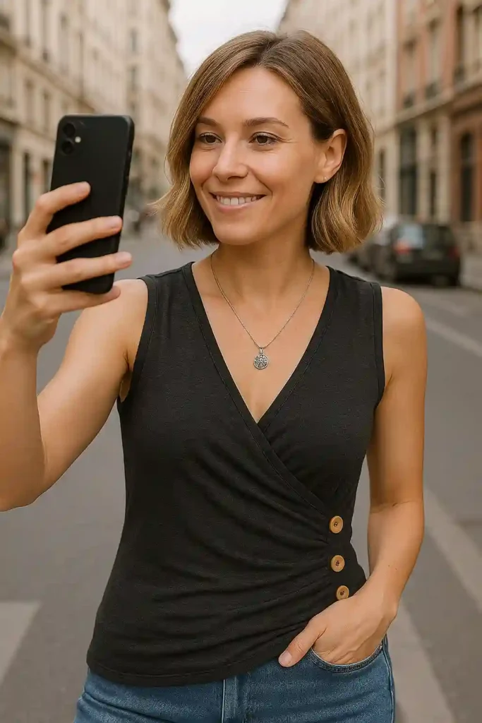 Affordable and Stylish Summer Tops for Women Over 50: 15 Budget-Friendly Picks That Actually Make You Feel Beautiful 2 Smiling woman with shoulder-length blonde hair taking a selfie on a city street. She is wearing a sleeveless black wrap top with button detail on the side, a silver pendant necklace, and blue jeans. European-style buildings and parked cars line the background.