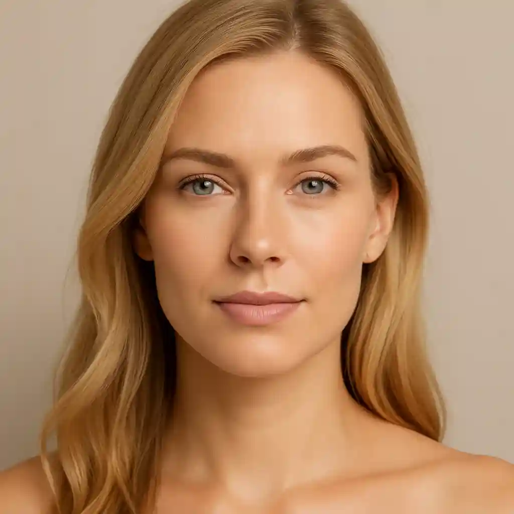 Best Makeup to Hide Spider Veins on Face: Complete Coverage Guide 10 50 year old model with blonde hair and flawless skin.