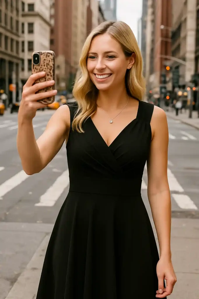 Smiling young blonde woman wearing a sleeveless wrap V-neck A-line party dress, taking a selfie with a faded leopard print phone case. She stands slightly backed up on a busy New York City street, with yellow taxis, tall buildings, and crosswalk lines in the background.