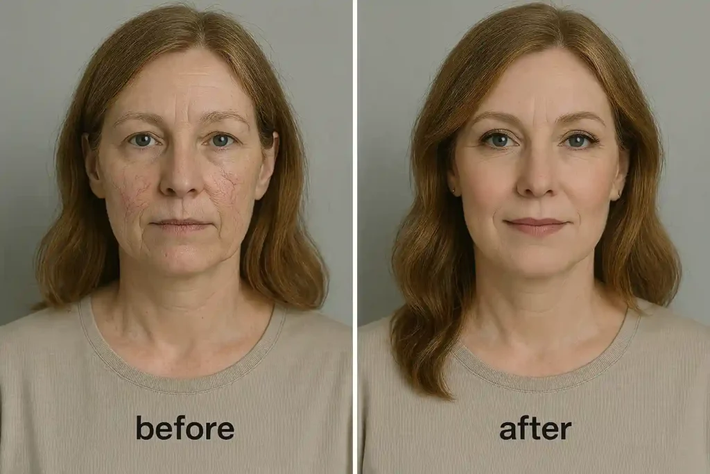 Best Makeup to Hide Spider Veins on Face: Complete Coverage Guide 12 Spider veins on face before and after treatment. Image on the left is the original image, the photo on the right is using makeup products to hide spider veins.