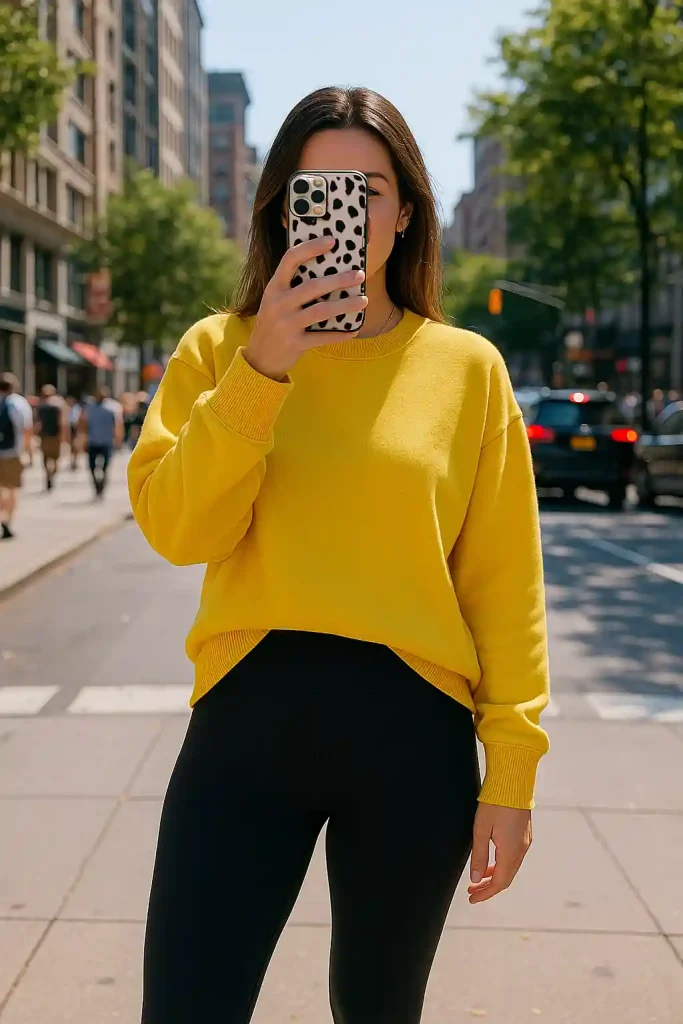 Woman wearing leggings that hide cellulite and yellow sweater. 
