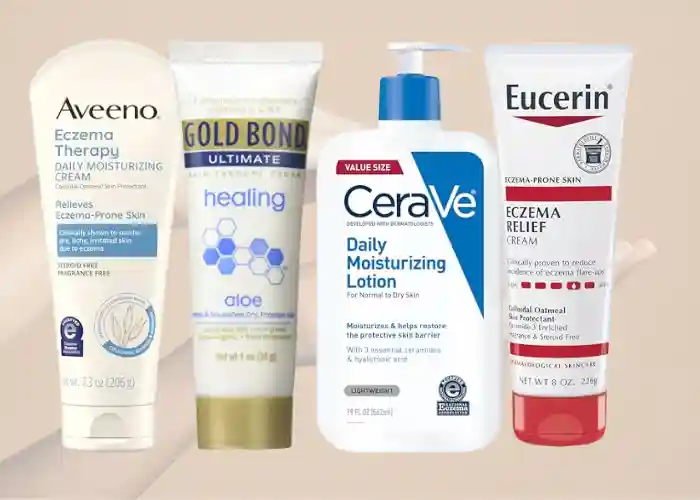 Top 11 over-the-counter eczema treatments for adults over 50 arranged on white background.