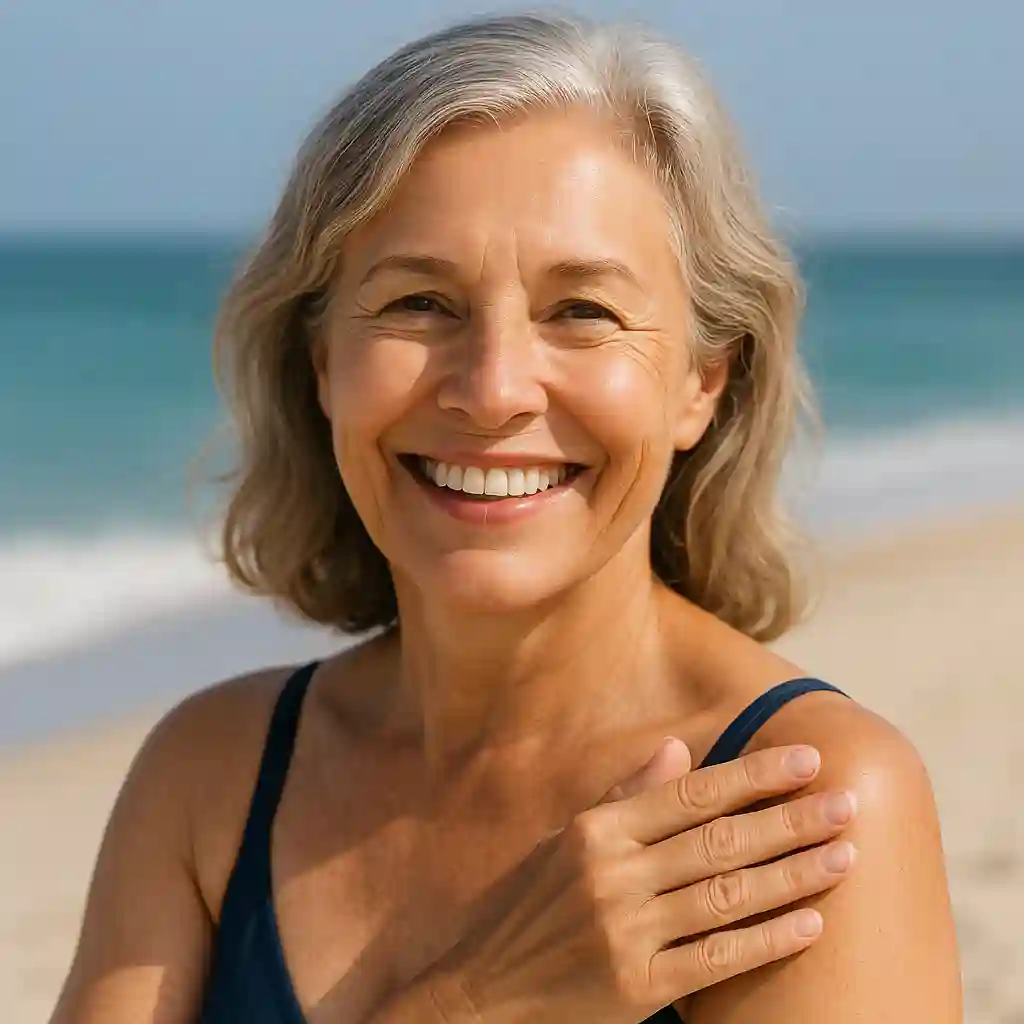 Confident woman over 50 with healthy skin enjoying beach lifestyle after successful eczema treatment.