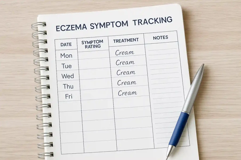 Eczema symptom tracking journal and progress chart for adults over 50 monitoring treatment effectiveness.