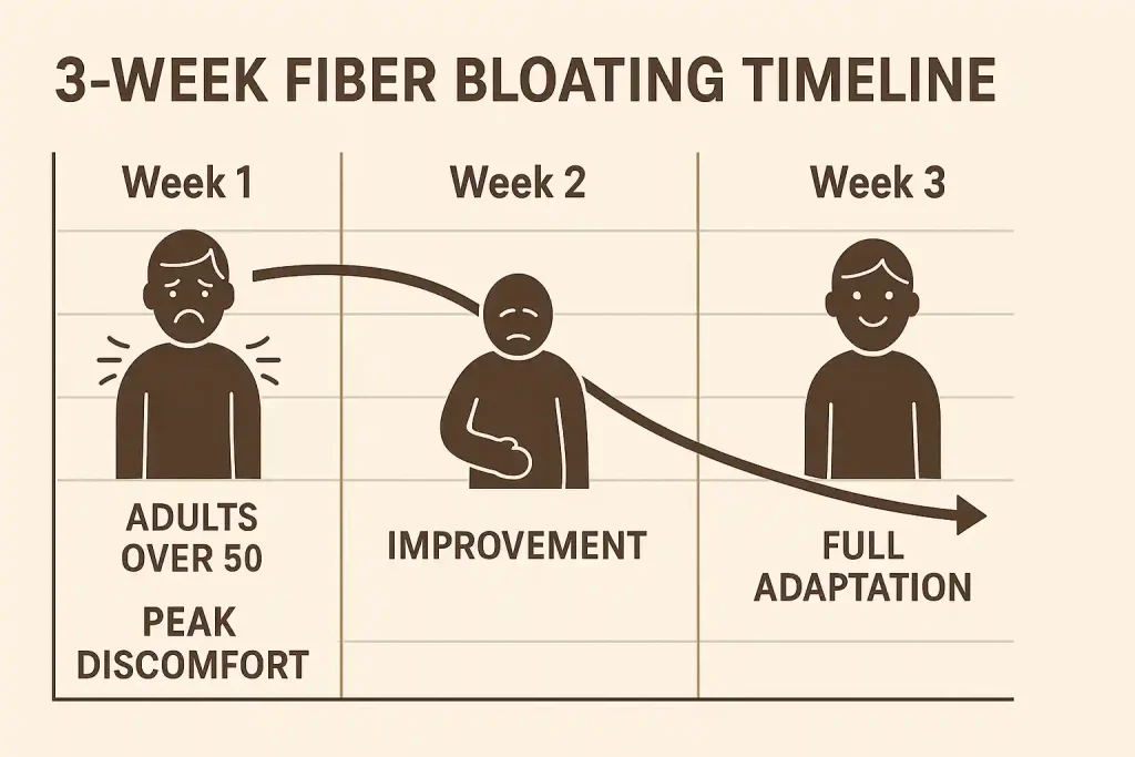 How Long Does Fiber Bloating Last? A Complete Guide for Adults Over 50 2 Infographic showing 3-week fiber bloating timeline for adults over 50, with Week 1 showing peak discomfort, Week 2 showing improvement, and Week 3 showing full adaptation