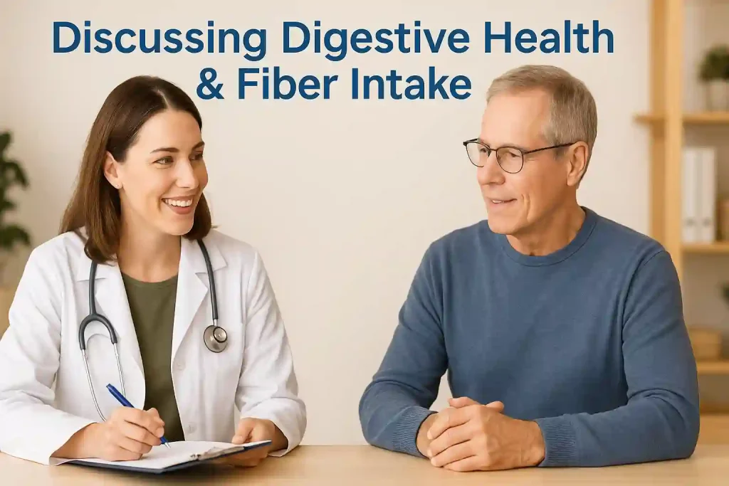 How Long Does Fiber Bloating Last? A Complete Guide for Adults Over 50 10 Friendly healthcare provider or nutritionist consulting with a mature adult about digestive health and fiber intake.