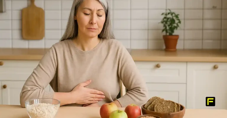 How Long Does Fiber Bloating Last? Calm mature woman in her 50s holding her stomach gently while sitting at kitchen table with healthy high-fiber foods like oats, apples, and whole grains nearby.