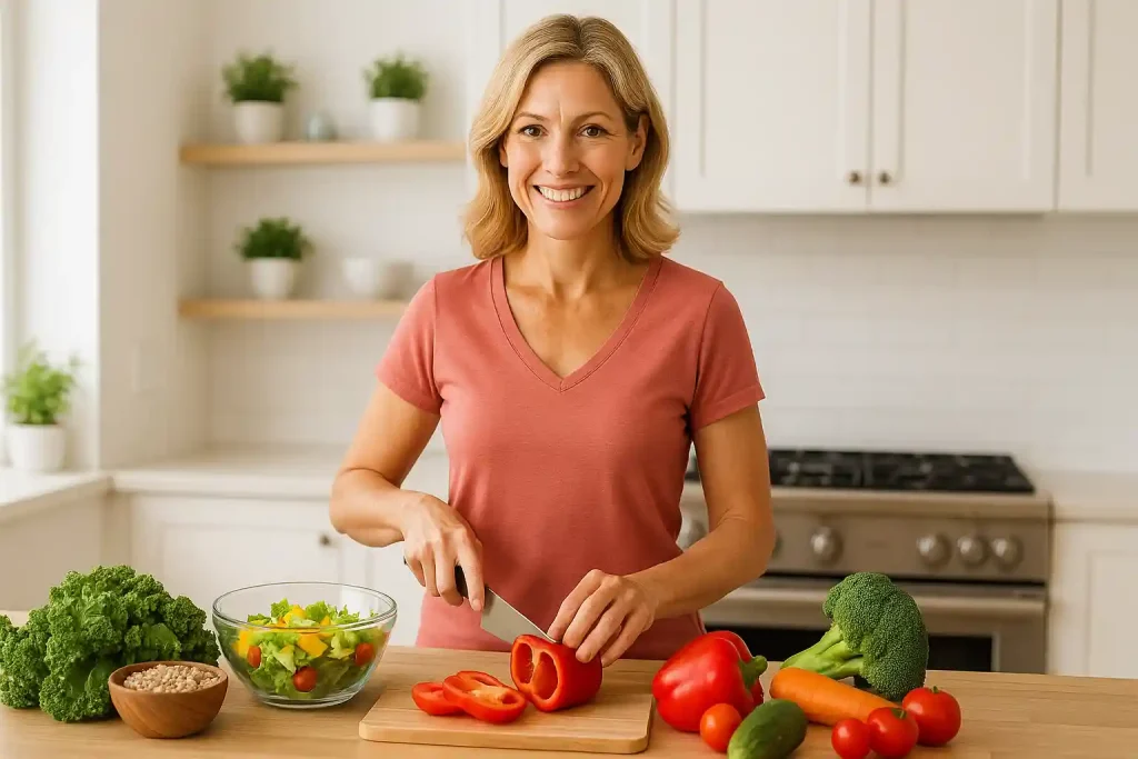 How Long Does Fiber Bloating Last? A Complete Guide for Adults Over 50 9 Energetic woman in her 50s preparing a colorful, high-fiber meal in a bright kitchen, looking confident and healthy.