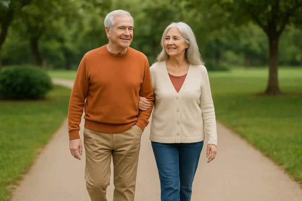 How Long Does Fiber Bloating Last? A Complete Guide for Adults Over 50 7 Mature couple in their 60s taking a leisurely walk together outdoors after a meal, demonstrating gentle movement for digestive health.