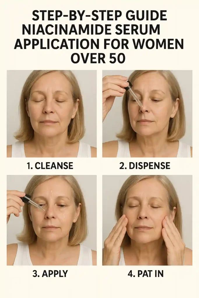Step-by-step guide showing proper niacinamide serum application technique for women over 50.