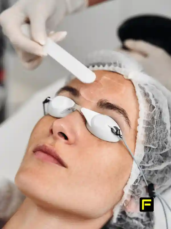 IPL Photofacials for Adults Over 50: Complete Cost and Results Guide 3 Woman receiving IPL photofacial treatment with protective eyewear in professional medical spa setting for mature skin.