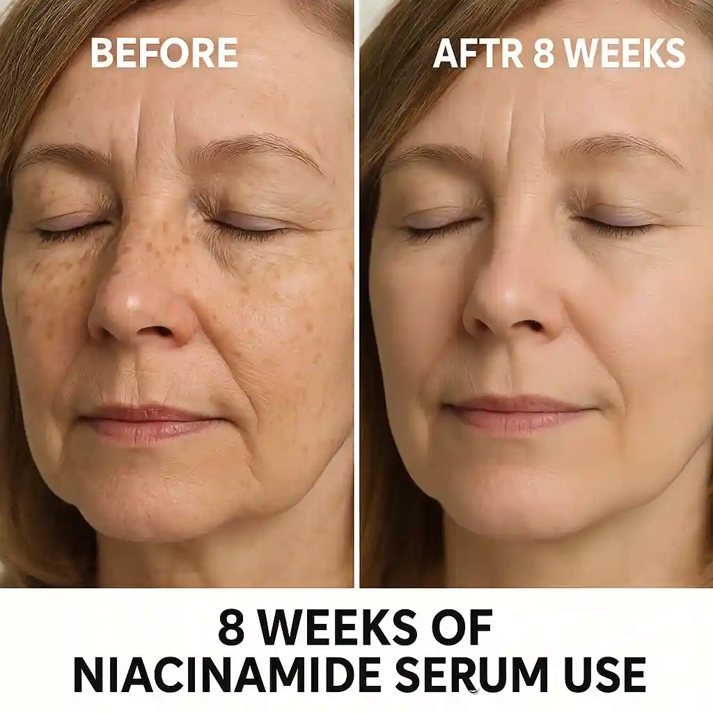 Before and after comparison showing improved skin texture and reduced age spots after 8 weeks of niacinamide serum use.