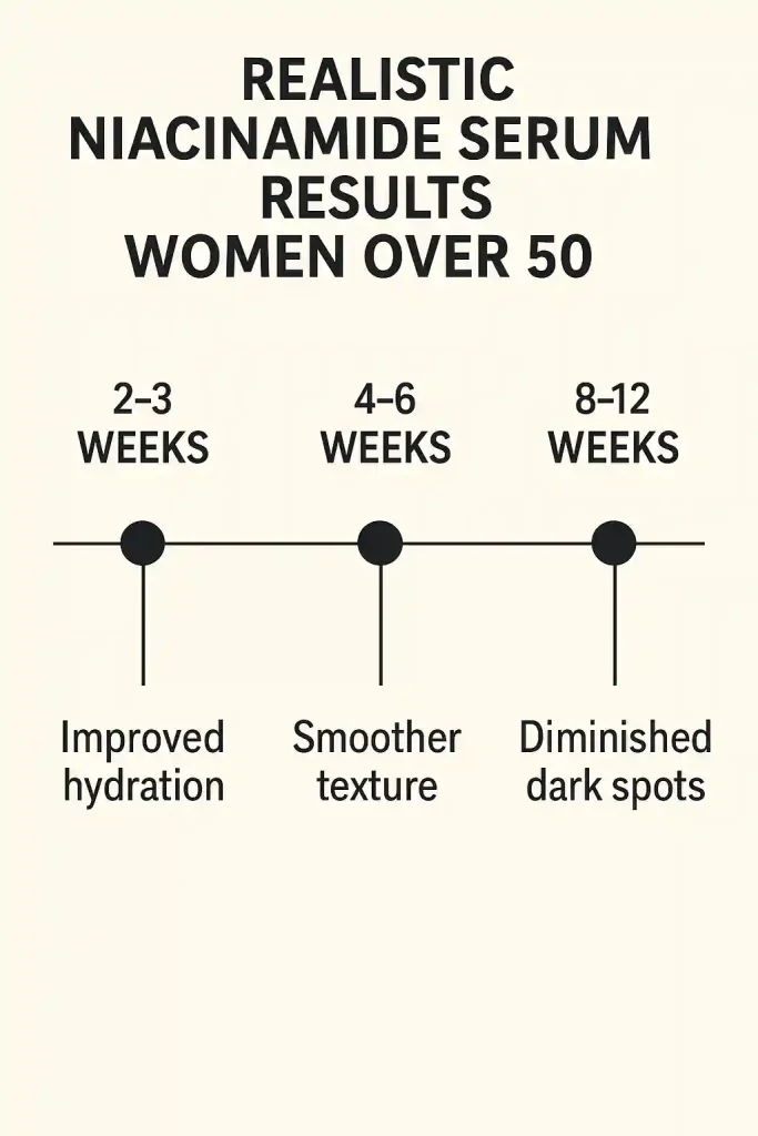 Timeline showing realistic niacinamide serum results expectations for women over 50 from week 2 to week 12.