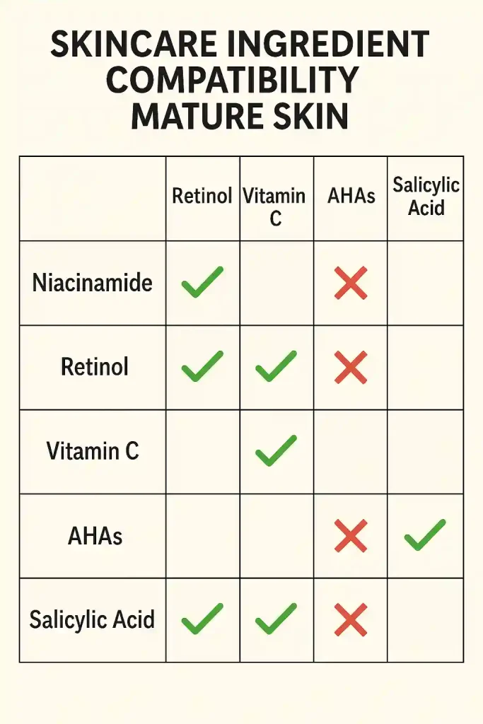 Skincare ingredient compatibility chart showing which products to avoid mixing with niacinamide for mature skin.