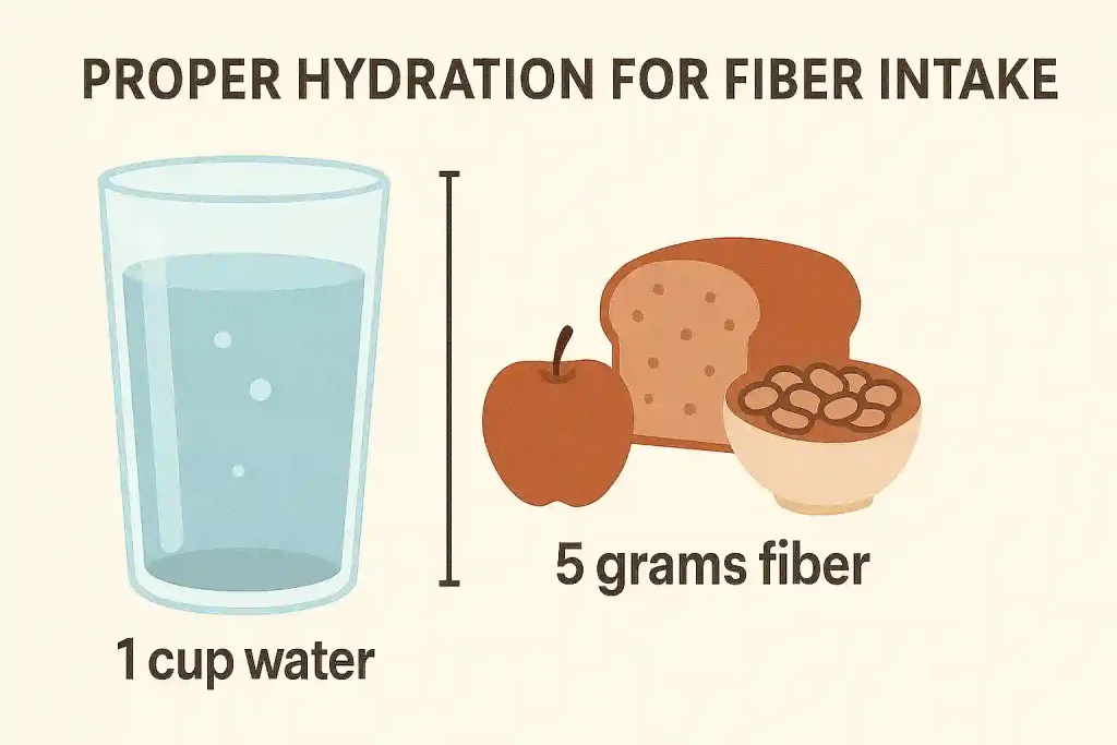 How Long Does Fiber Bloating Last? A Complete Guide for Adults Over 50 6 Glass of water next to high-fiber foods with measurement indicators showing proper hydration ratios for fiber intake.