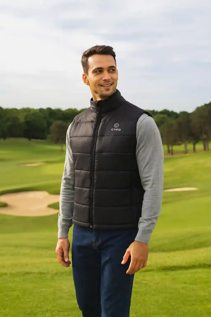 Golfer wearing heated vest on the golf course. Best heated vests for men. 
