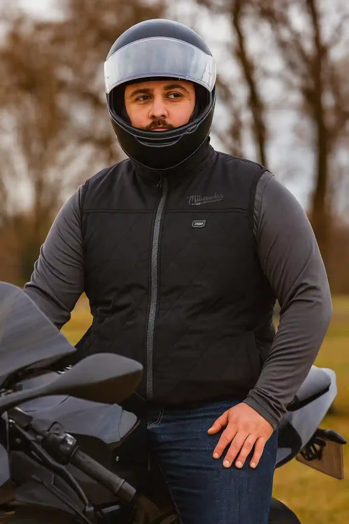 Model wearing best heated vest for motorcycle, while seated on a motorbike. Best Heated Vests for Men