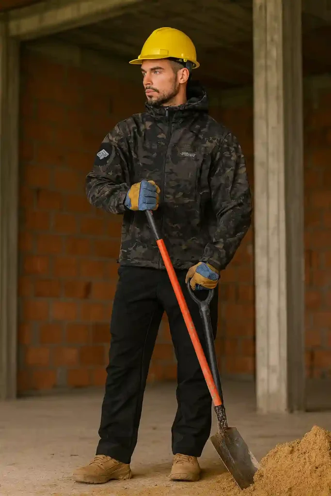 Best heated vest for work. Construction worker wearing Dewbu heated vest at construction site. 
