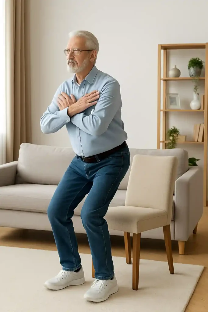 Muscle Loss Dementia: What Adults Over 50 Need to Know 6 Senior man performing chair exercises to build muscle strength and prevent dementia