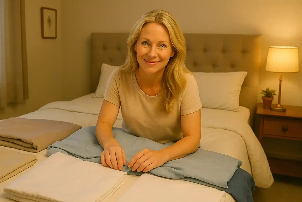 Claudia Faucher testing different cooling bed sheets in her bedroom with various sheet sets laid out