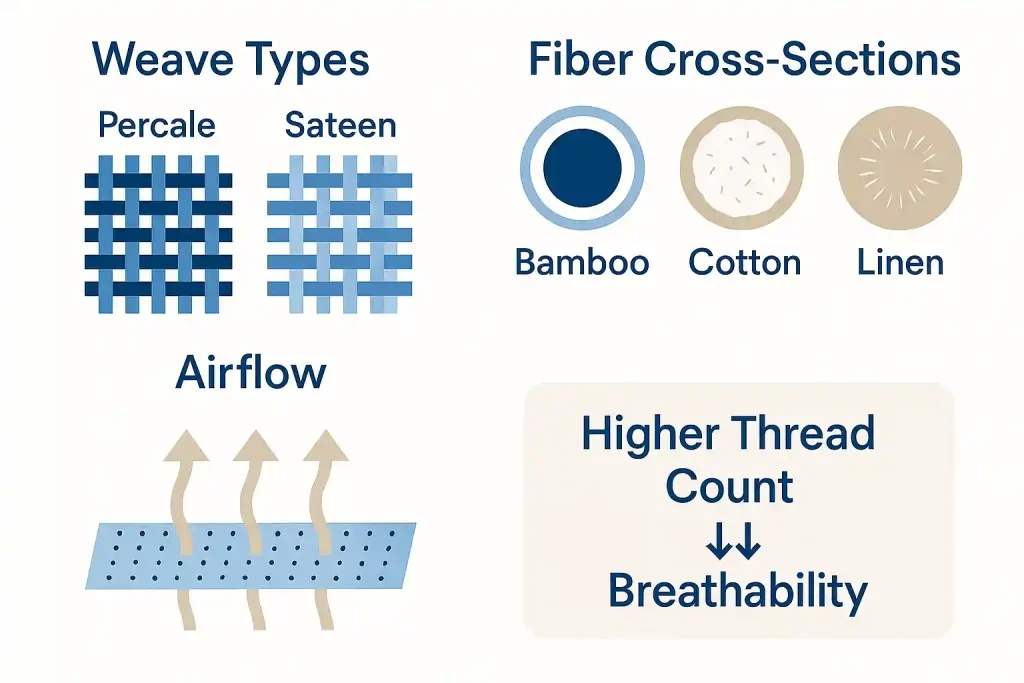 Scientific breakdown of what makes bed sheets cooling - weave types, fiber properties, and breathability factors