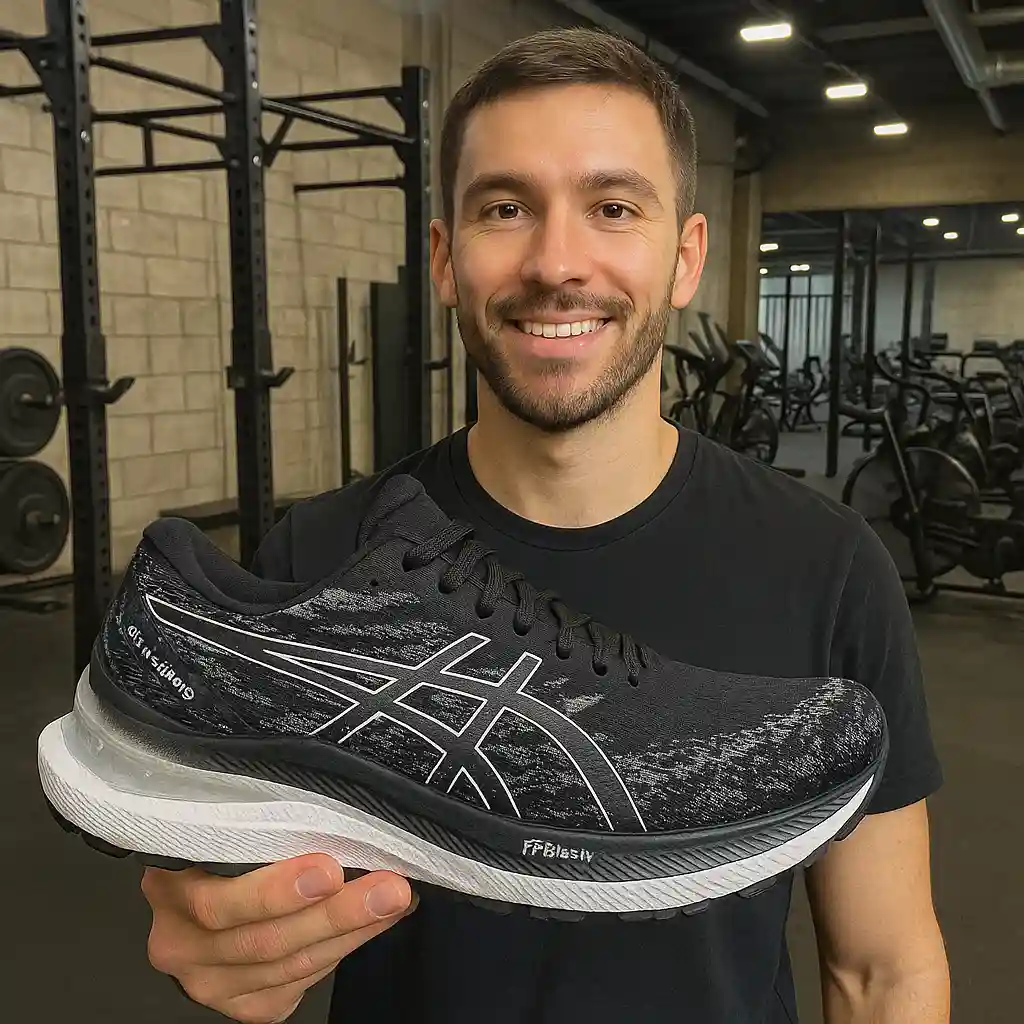 Photo of man in a fitness center holding a ASICS GEL-Kayano 29 shoe.