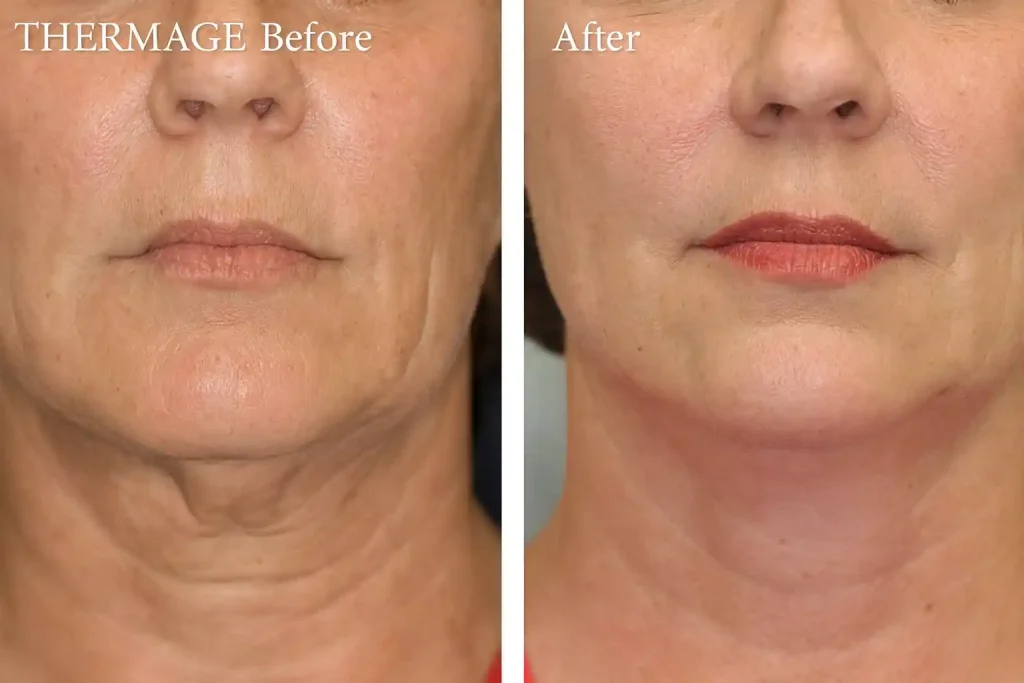 Thermage: The Ultimate Guide to Non-Surgical Skin Tightening for Women Over 50 4 Thermage before and after comparison showing a mature woman’s lower face and neck. The left side labeled ‘Thermage Before’ shows sagging skin and wrinkles, while the right side labeled ‘After’ shows smoother, firmer skin and improved jawline definition.