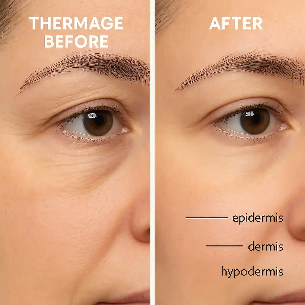 Thermage: The Ultimate Guide to Non-Surgical Skin Tightening for Women Over 50 2 Thermage eye treatment before and after comparison showing reduced fine lines and smoother under-eye area. The left side labeled ‘Thermage Before’ shows mild wrinkles and puffiness, while the right side labeled ‘After’ displays subtle, natural improvement in skin firmness and texture.